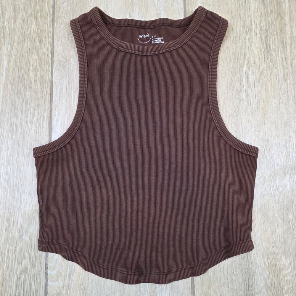 Aerie Ribbed Cropped Tank Top Womens Medium Brown Fitted Stretch Basic